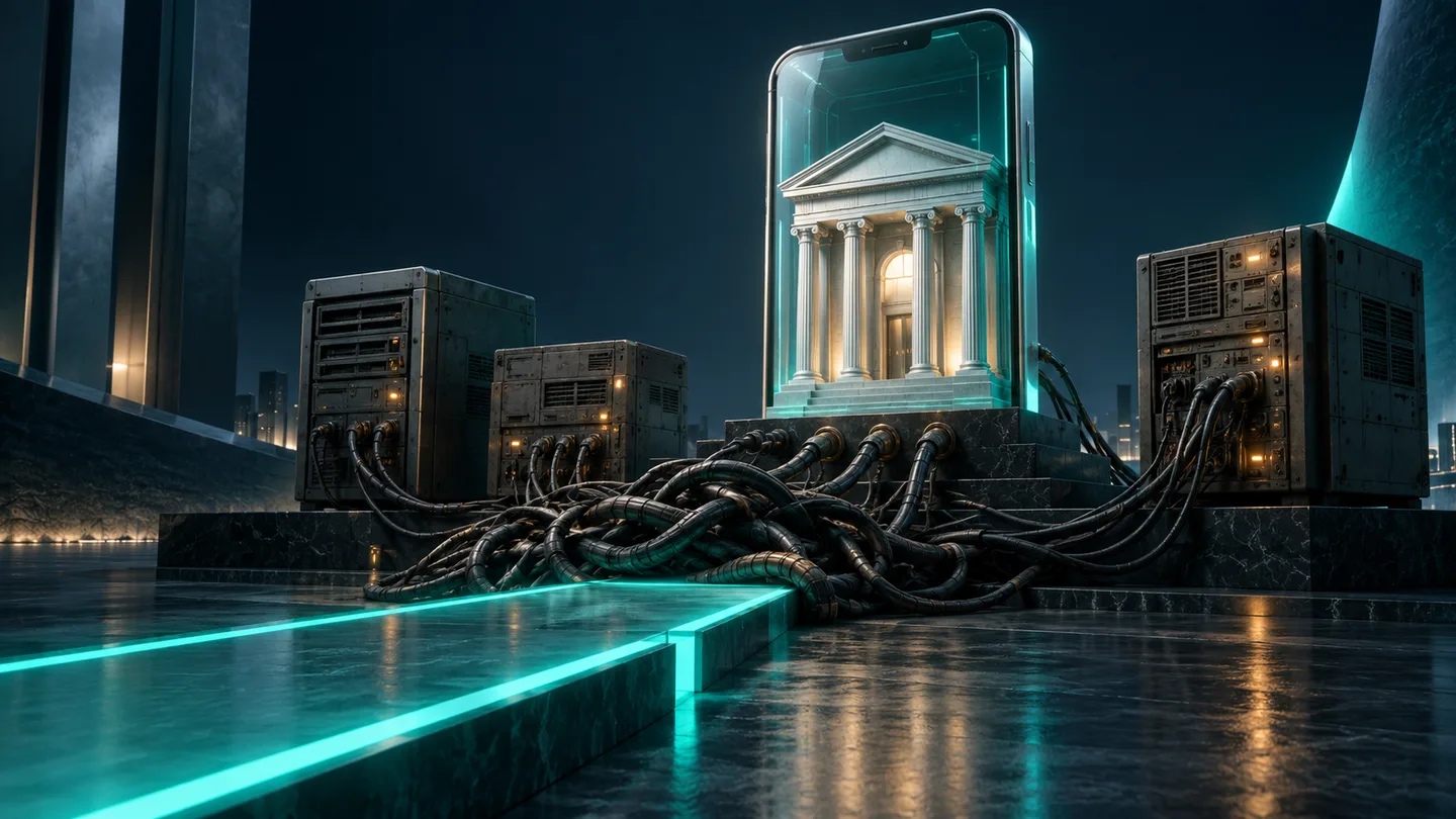 A bank vault rendered inside a glowing smartphone, wired to a tangle of server infrastructure