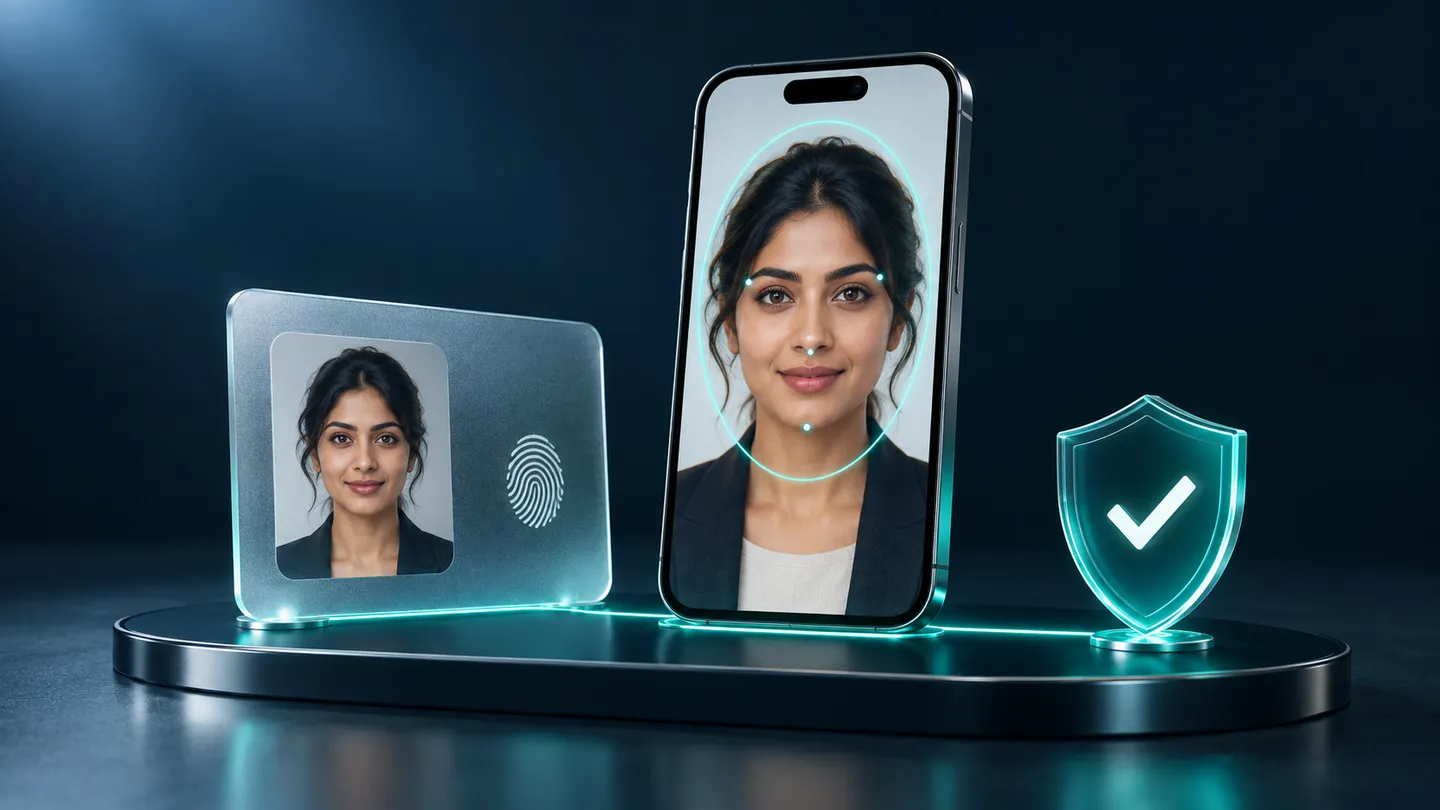 An ID card with a fingerprint, a smartphone running a facial scan, and a security shield representing connected identity verification