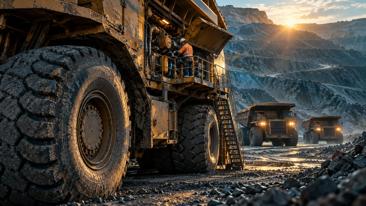 Mining technician inspecting the engine of a large haul truck in an open-pit mine