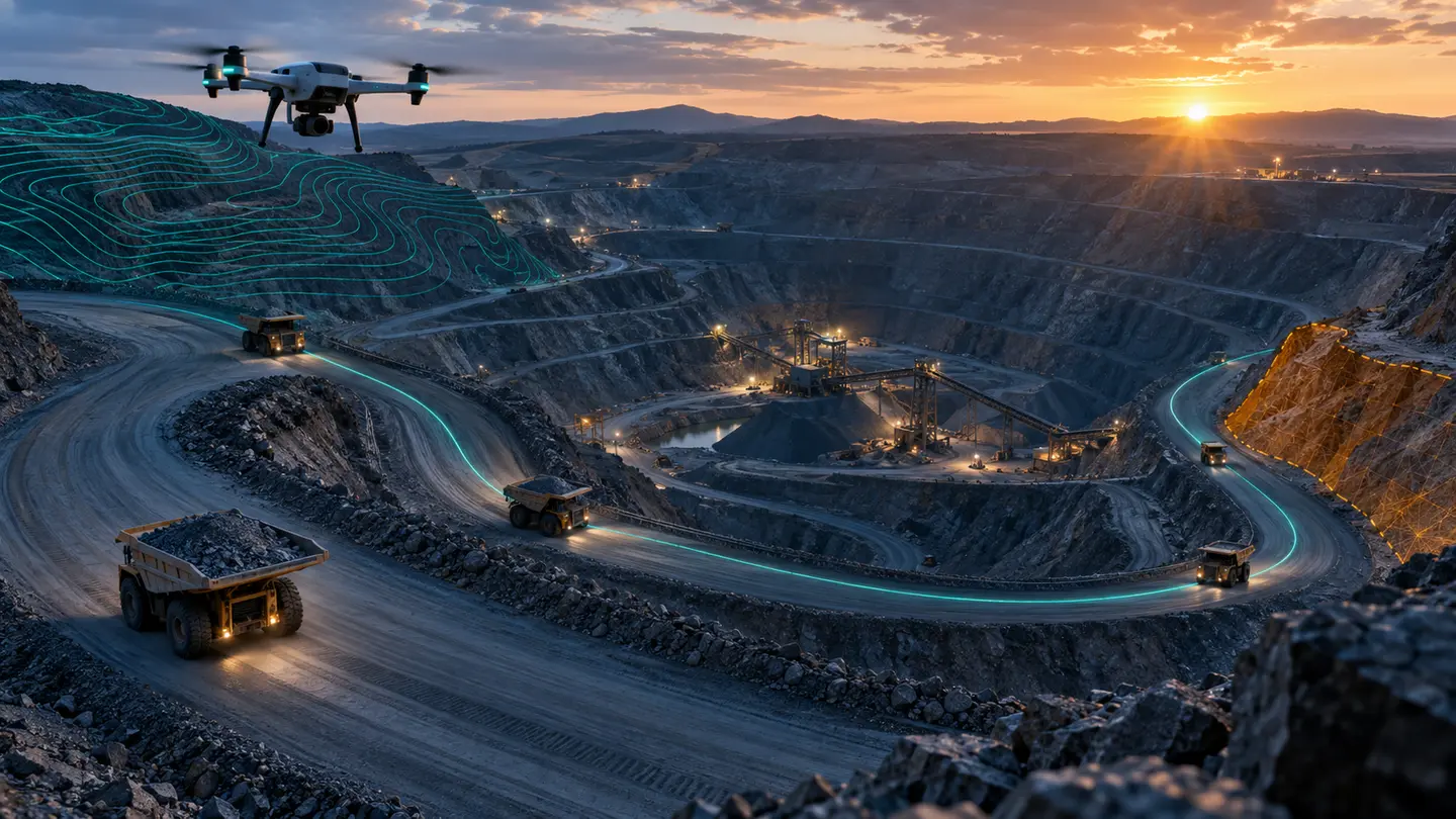 Drone surveying an open-pit mine with digital terrain mapping and connected haul routes