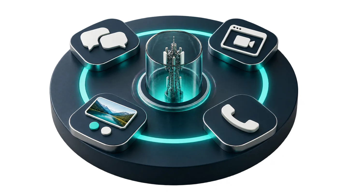 3D illustration of a cell tower at the center of four connected communication channels: messaging, video calling, RCS, and voice