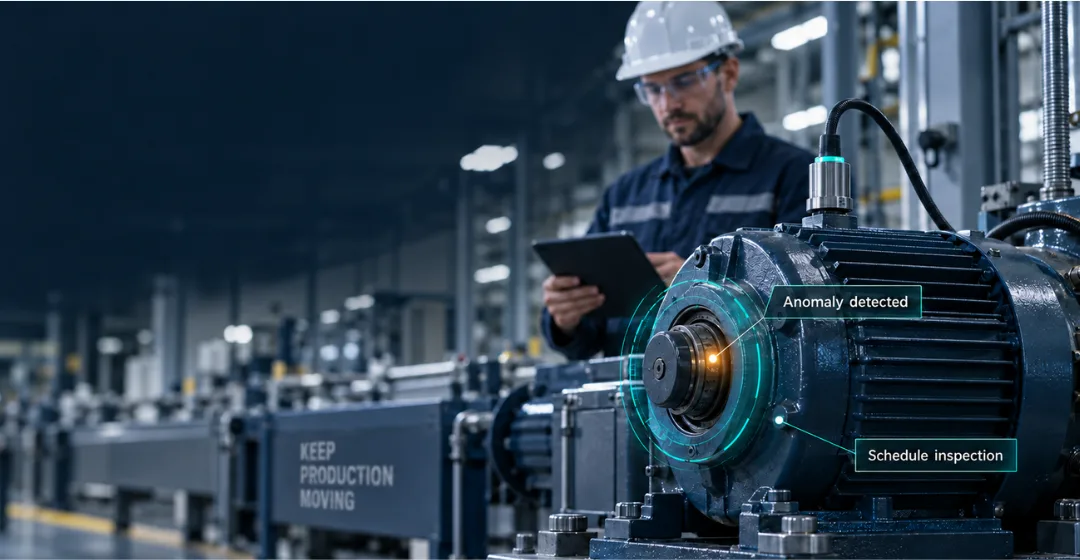 A maintenance engineer reviewing a motor on a tablet as an augmented-reality overlay flags an anomaly and schedules an inspection